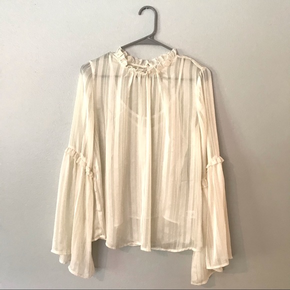 LAST CHANCE: Semi-sheer Cream Bell-sleeve Boho Top - Picture 2 of 8